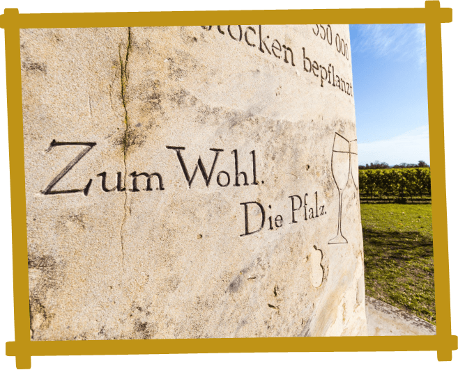 Bild mit Inschrift „Zum Wohl. Die Pfalz“ und Blick auf Weinberge