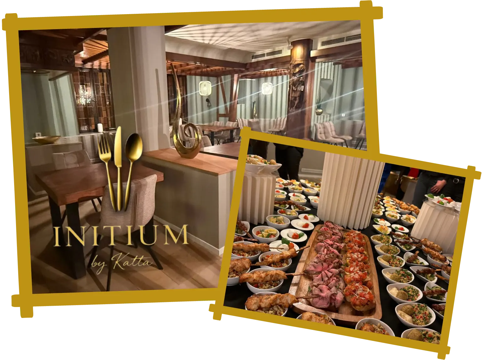 Collage von INITIUM by Katta in Dirmstein mit stilvollem Gastraum und reichhaltig angerichtetem Buffet.